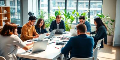 Team collaborating in a bright, modern workspace.