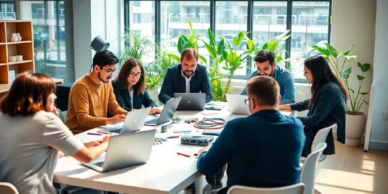 Team collaborating in a bright, modern workspace.