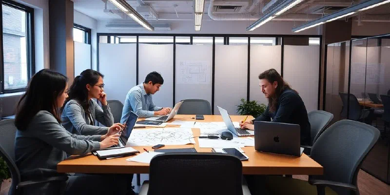 Creative workspace with professionals collaborating on innovative projects.
