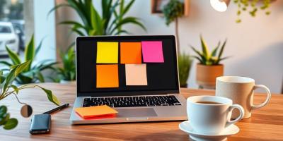 Modern workspace with laptop, sticky notes, and coffee.