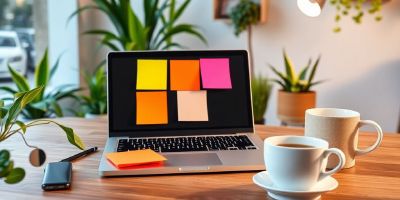 Modern workspace with laptop, sticky notes, and coffee.