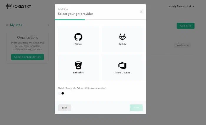 Forestry dialog asking to select a repository provider: GitHub, GitLab, Bitbucket or Azure DevOps