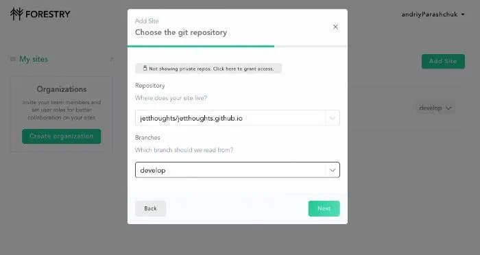 Forestry dialog choosing the jetthoughts.github.io repository and the develop branch