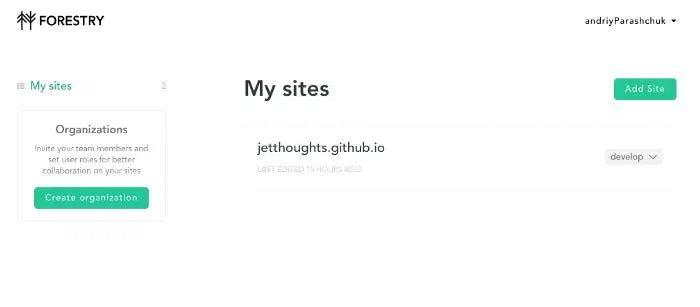 Forestry My sites page listing the jetthoughts.github.io site on the develop branch
