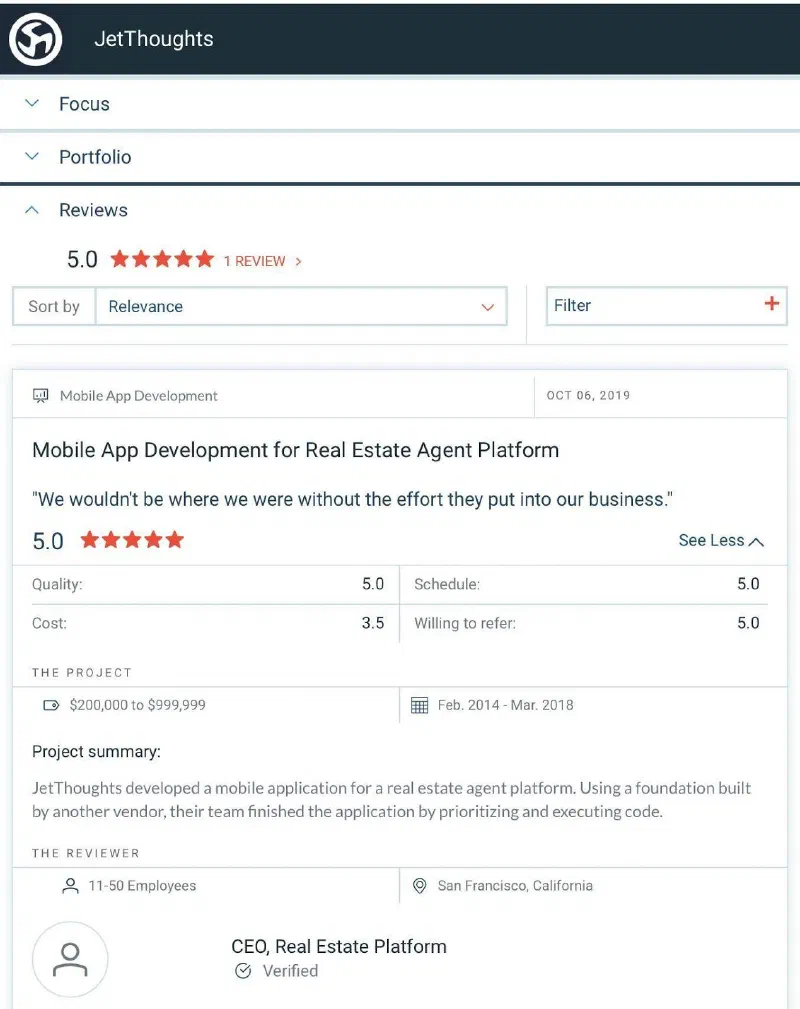 Clutch profile showing a 5.0 star review of JetThoughts for mobile app development