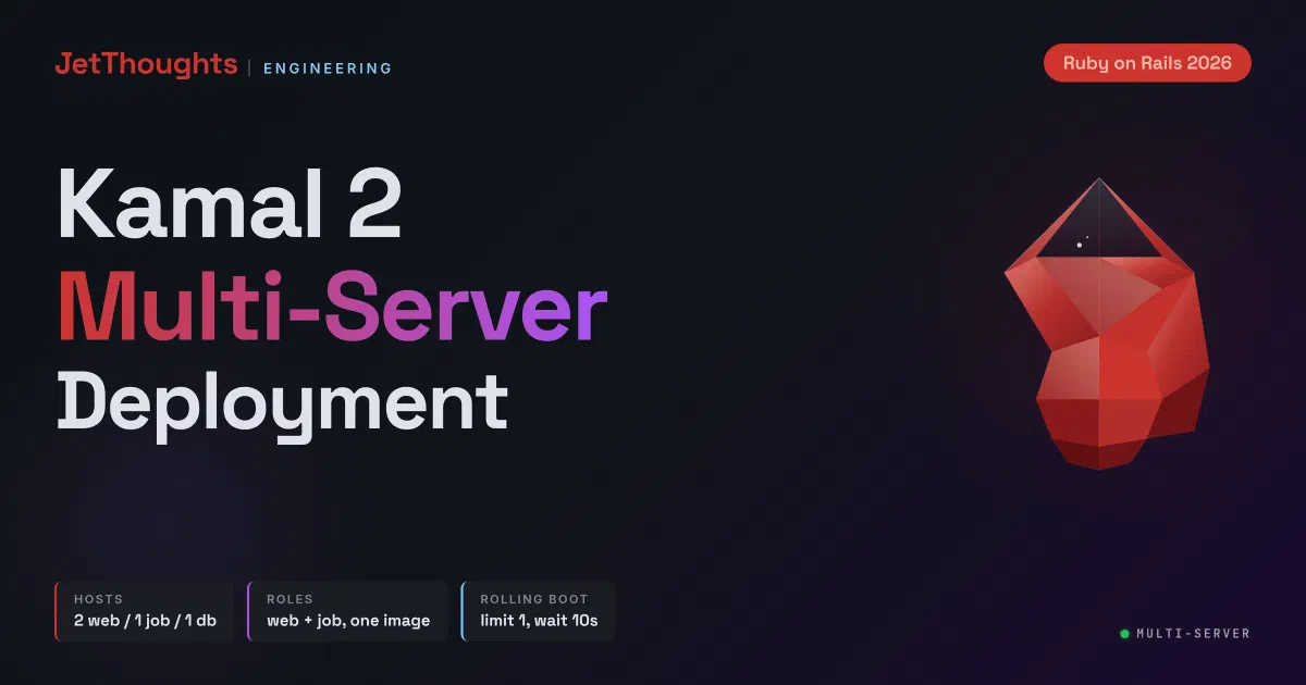 Dark technical cover for Kamal 2 Multi-Server Deployment. JetThoughts ENGINEERING brand mark, Ruby on Rails 2026 pill, low-poly ruby gem, stat chips for hosts, roles, and rolling boot, MULTI-SERVER status indicator.