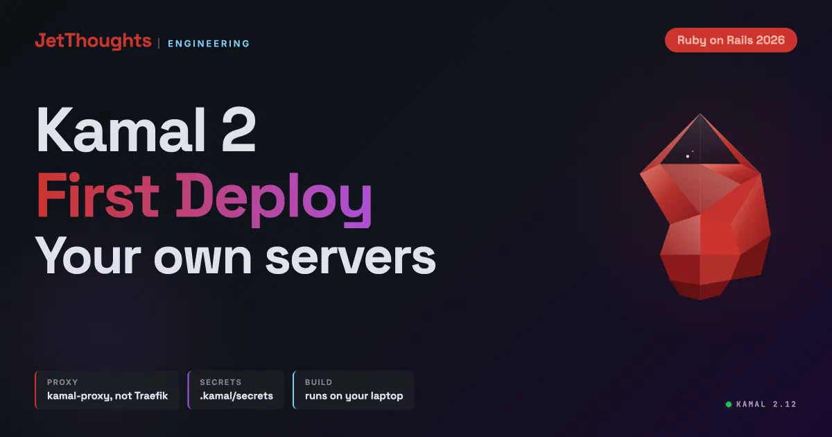 Dark technical cover reading Kamal 2 Your First Rails Deploy, with a low-poly ruby gem and chips for kamal-proxy replacing Traefik, secrets in .kamal/secrets, and builds running locally by default.