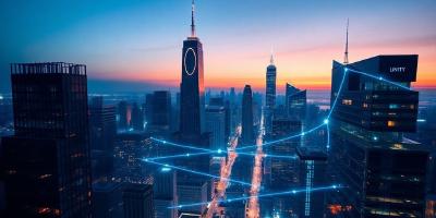 futuristic New York City skyline, glowing tech