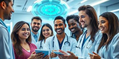 Doctors and patients using innovative healthcare tech.