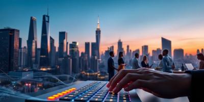 Skyscrapers, code, and diverse tech professionals.