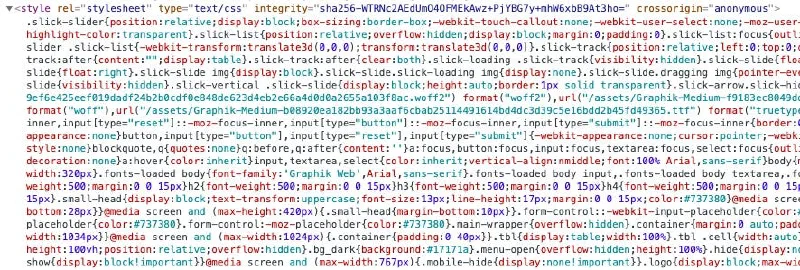 Browser inspector showing minified CSS in a style tag
