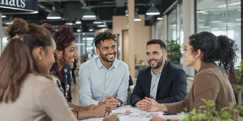 Diverse professionals collaborating in a modern office setting.