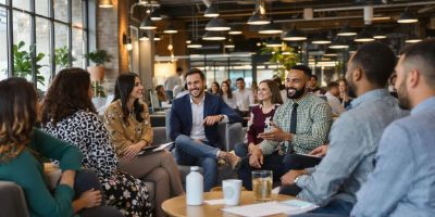 Group of professionals discussing hiring strategies in an office.