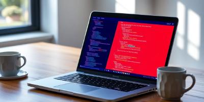 Laptop with code snippets on a desk next to coffee.