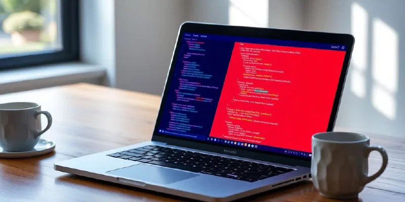 Laptop with code snippets on a desk next to coffee.