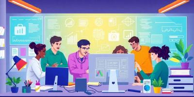 Diverse team collaborating on in-house software development project.