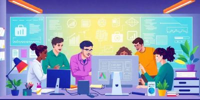 Diverse team collaborating on in-house software development project.
