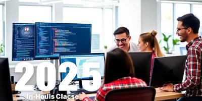 Team collaborating on software development in a modern office.