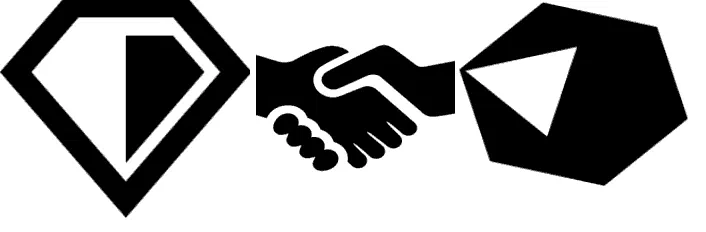 Two black logos with a handshake icon between them