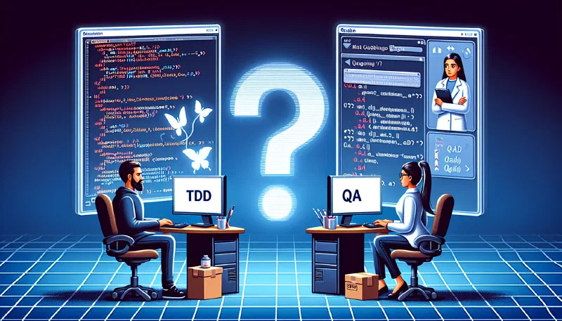Developer at a TDD screen and tester at a QA screen with a question mark between them