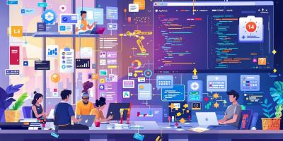 Diverse developers collaborating with automation tools in a workspace.