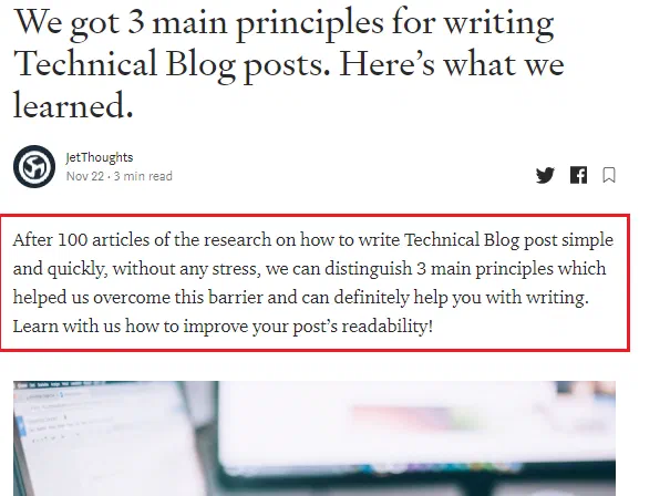 Blog post title and a red-outlined introduction paragraph above a laptop photo