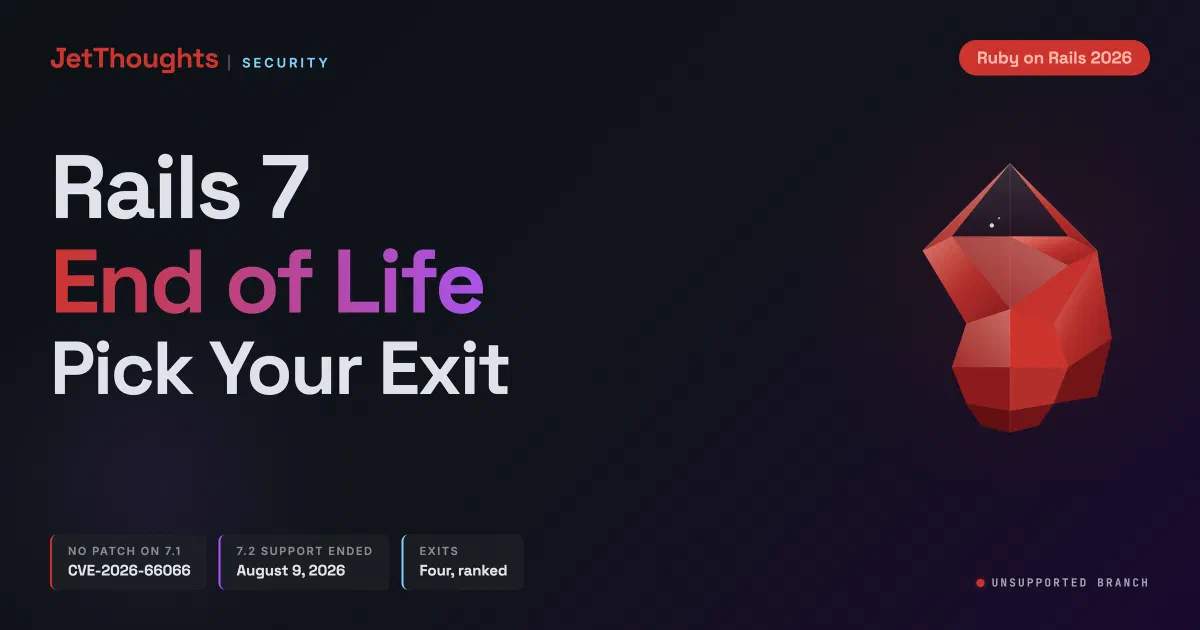 Rails 7 end of life cover - no patch for CVE-2026-66066 on 7.1, four exit paths compared