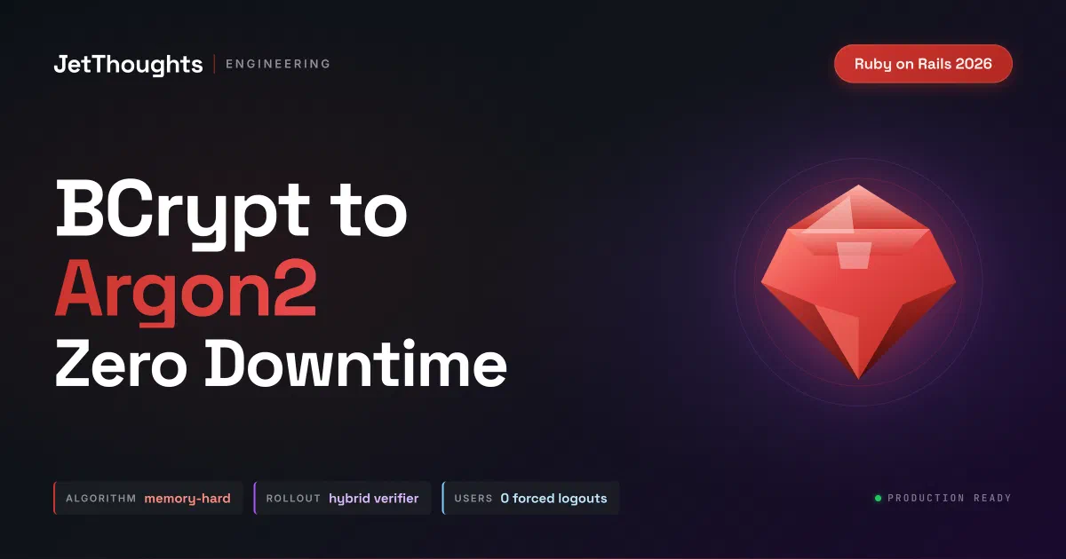 Dark security-themed cover with Ruby on Rails branding, Argon2 migration badges, and glowing shield/lock icon