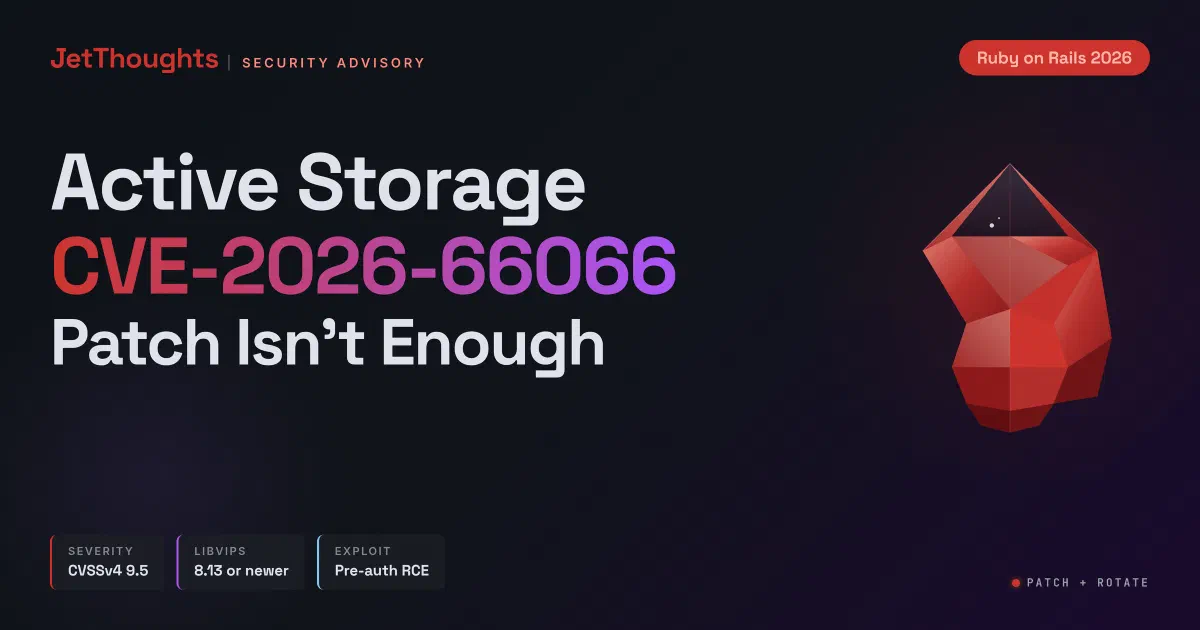 Active Storage CVE-2026-66066 cover - Patch Isn't Enough, with CVSSv4 9.5 severity, libvips 8.13 or newer, and possible pre-auth RCE