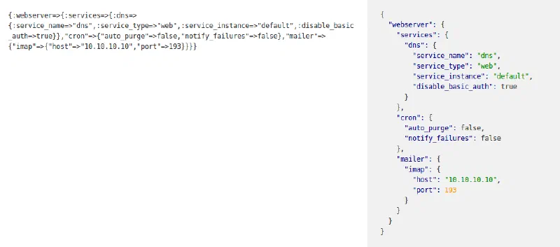 Ruby hash printed on one line beside the same data as indented JSON