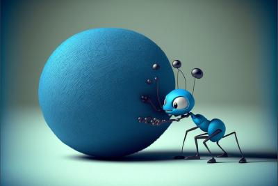 cartoon ant rolling a blue ball