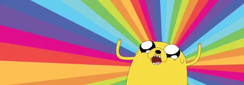 Cartoon yellow dog with raised arms in front of rainbow rays