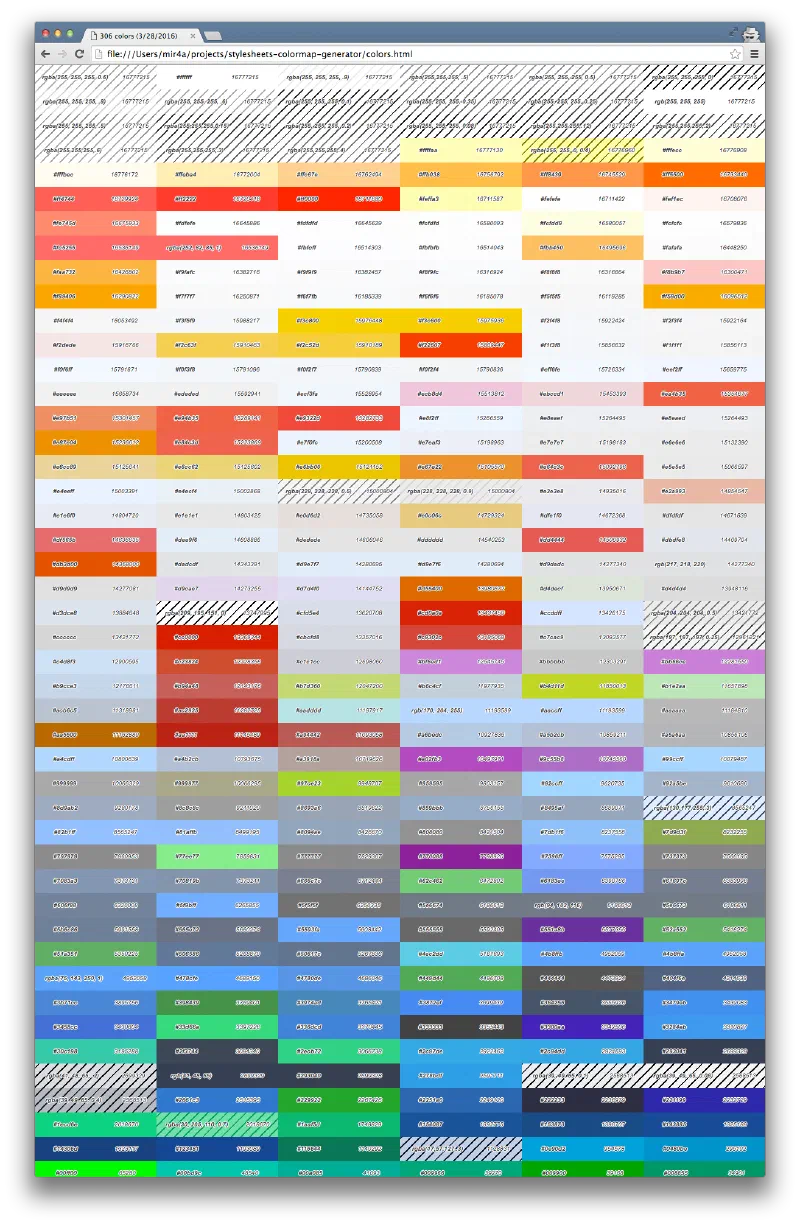 Browser page listing 306 colors as swatches with their hex codes and numeric values