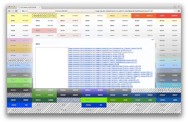 Color swatch page with a popup listing stylesheet files and lines that use one color