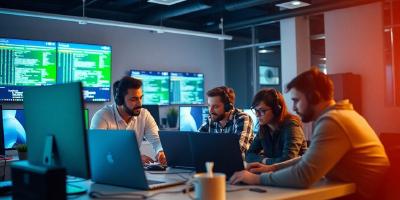 Developers collaborating in a modern workspace with technology.