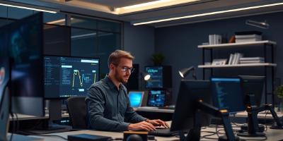 Developer at a high-tech workspace focusing on productivity.