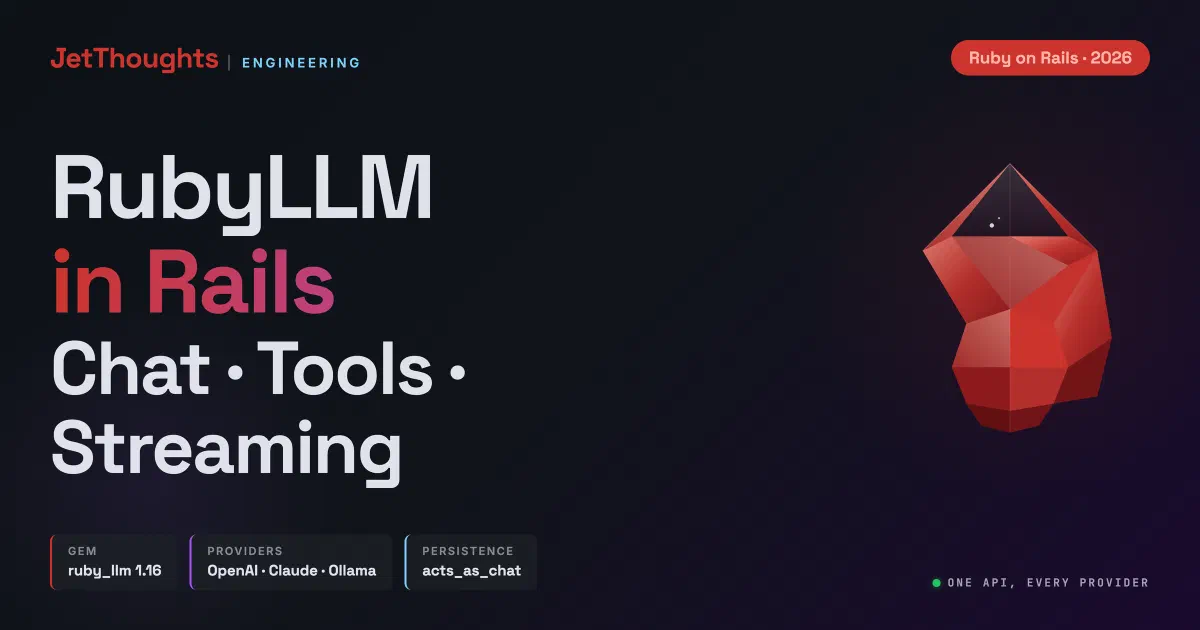 Dark blueprint-style cover reading RubyLLM in Rails - Chat, Tools, Streaming, with a low-poly ruby gem and chips for ruby_llm 1.16, OpenAI/Claude/Ollama providers, and acts_as_chat persistence.