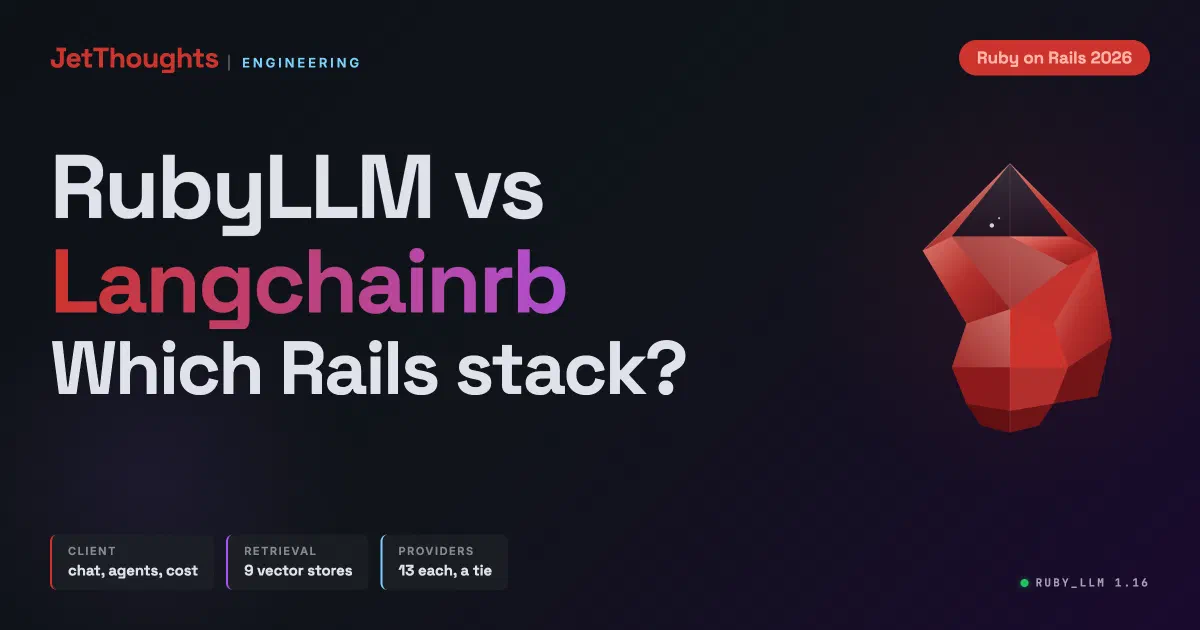 Dark technical cover reading RubyLLM vs Langchainrb, with a low-poly ruby gem and chips for a model client versus retrieval plumbing, nine vector stores, and cost tracking down to thinking tokens.