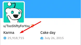 Reddit profile u/TooShiftyForYou with an arrow pointing at its karma count
