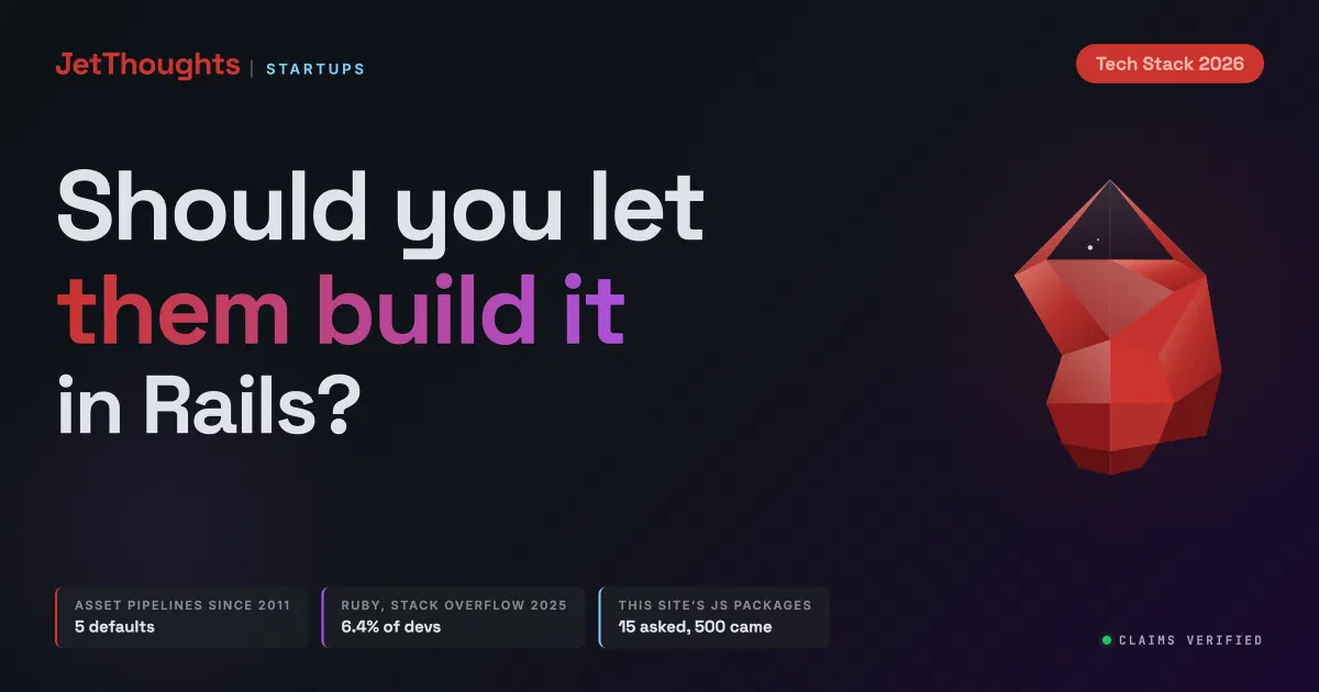 Obsidian-dark cover reading Should you let them build it in Rails, with a faceted ruby gem and three chips: asset pipelines since 2011 five defaults, Ruby 6.4% of devs on Stack Overflow 2025, this site declares 15 JS packages and installs 500