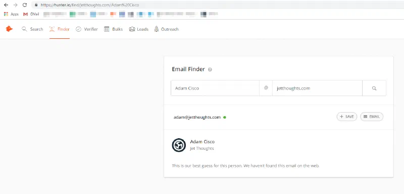 Hunter email finder page returning an email address for a name at jetthoughts.com