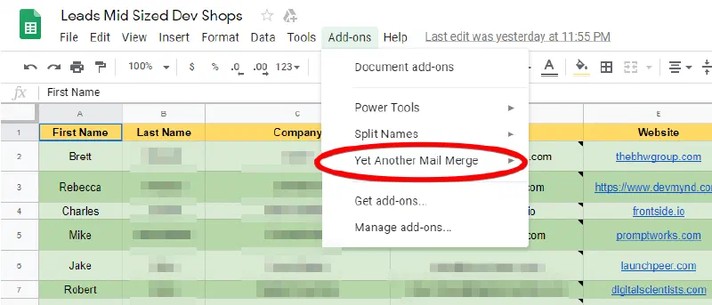 Google Sheets Add-ons menu with Yet Another Mail Merge circled in red