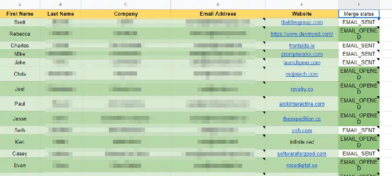 Lead spreadsheet with a Merge status column showing EMAIL_SENT and EMAIL_OPENED