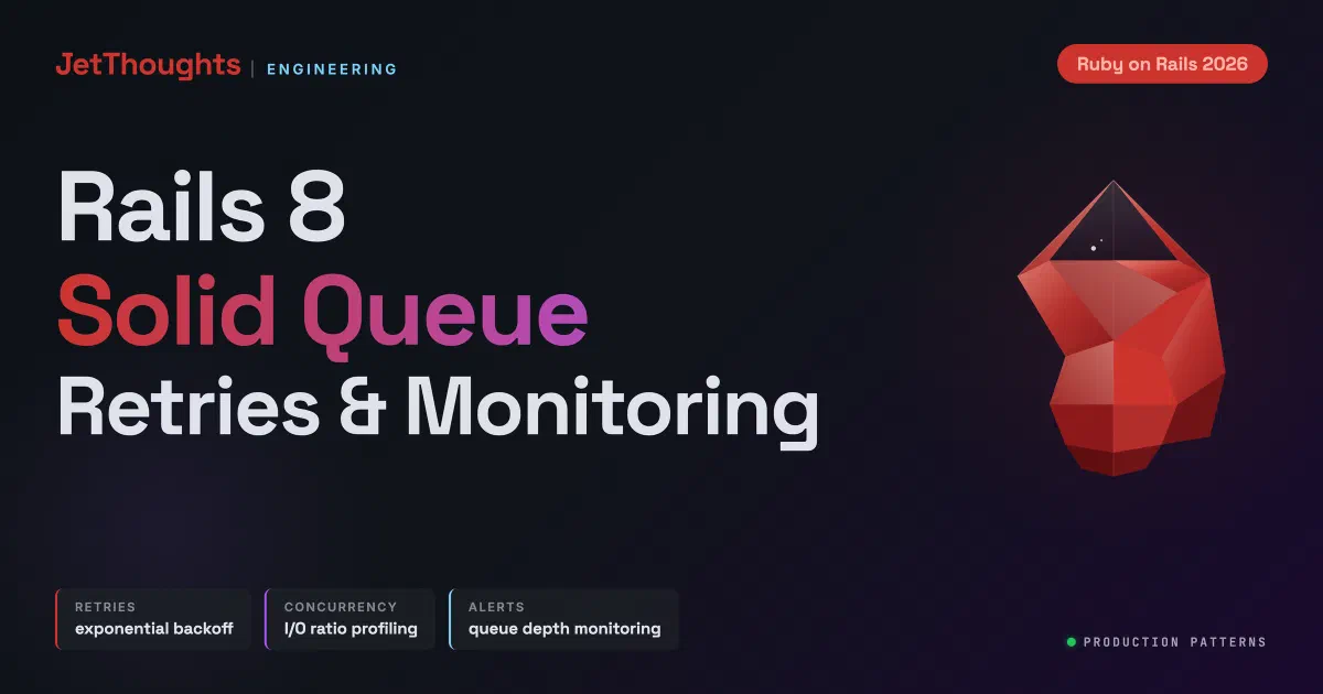 Dark technical cover for Solid Queue Advanced Patterns. JetThoughts ENGINEERING brand mark, Ruby on Rails 2026 pill, low-poly ruby gem, stat chips for retries/concurrency/alerts, PRODUCTION PATTERNS status indicator.