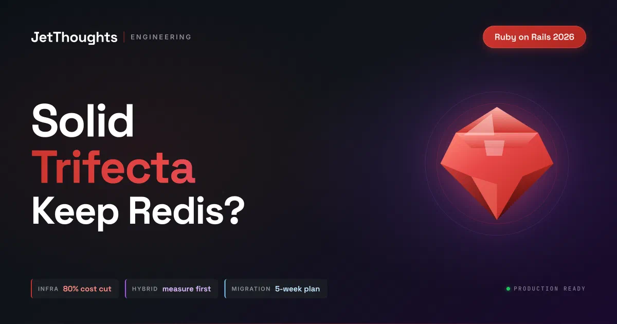 JetThoughts blog cover for Solid Trifecta When to Keep Redis - dark design with Ruby-to-purple gradient headline and production architecture stats