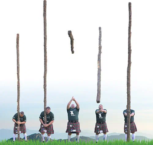 Five men in kilts in a row, tossing a long wooden pole at different stages