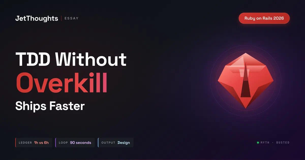 Obsidian-dark cover with the headline TDD Without the Overkill, a faceted ruby gem on the right, and three chips reading LEDGER 1h vs 6h, LOOP 90 seconds, OUTPUT design