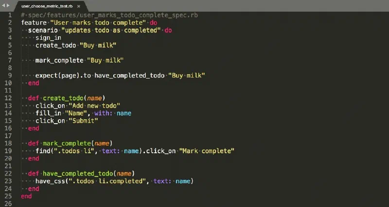 Ruby feature spec for marking a todo complete, with helper methods below the scenario