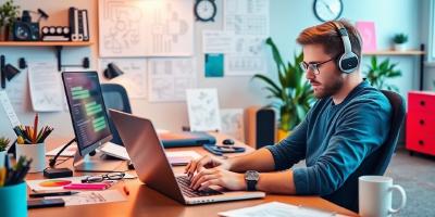 Developer coding on laptop in a modern workspace.