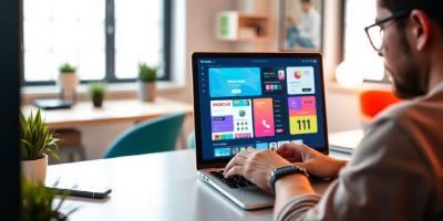 Web developer at laptop creating vibrant user interface designs.